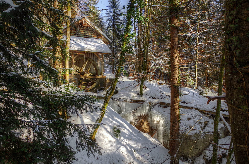 Landschaft, Winter, Natur, Flüsse, Wald, Mühle HD-Hintergrundbild