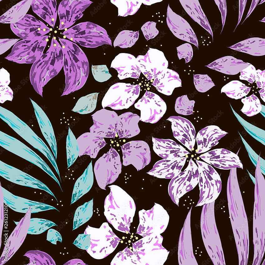 Bello modello senza cuciture di vettore floreale tropicale. Fiori viola e bianchi con foglie su nero. Modello per tessile, stampa, web, cartone, banner, piastrelle di ceramica. Vettoriali Stock Sfondo del telefono HD