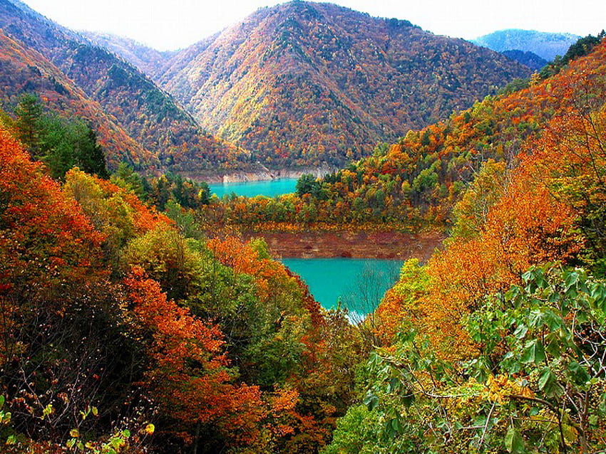 Ein Berg im Herbst, Fluss, Hänge, Blätter, Herbst, Farben, Herbst, Natur, Berg HD-Hintergrundbild