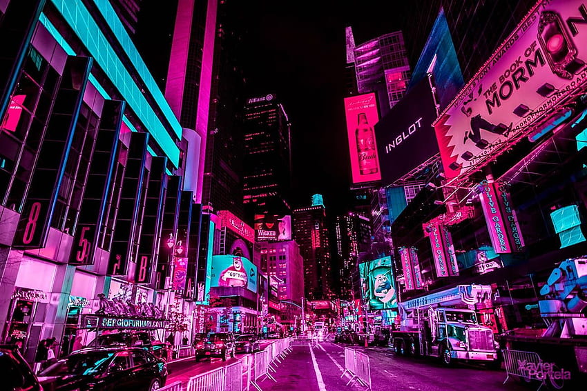 Nighttime Capture Vibrant Pink Glow of Times Square's Neon Lights. City ...