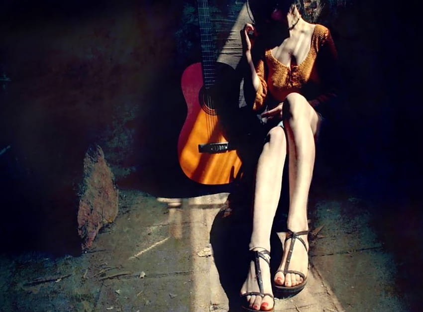 podczas gdy moja gitara..., gitara, cienie, dziewczyna, róg Tapeta HD