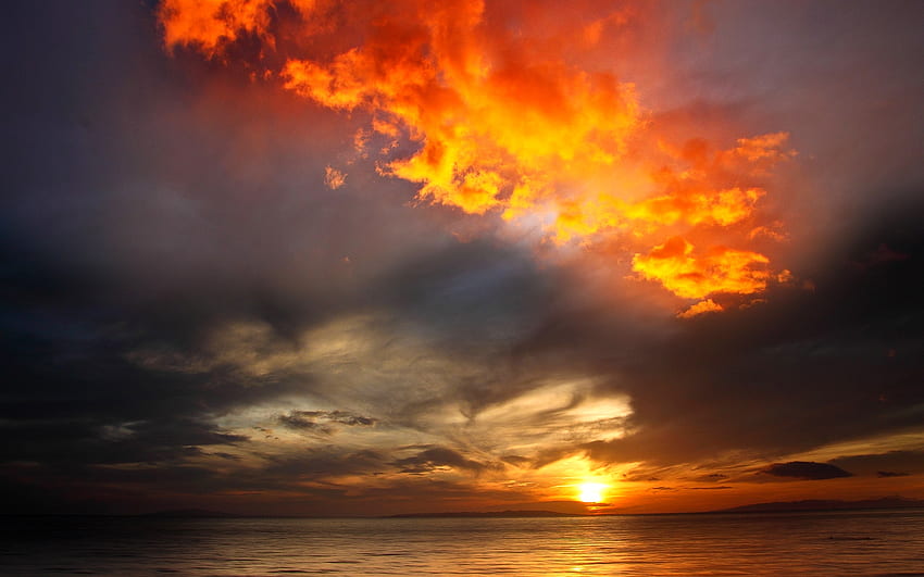 SKY INFERNO、赤、オレンジ、夕焼け、海、雲 高画質の壁紙