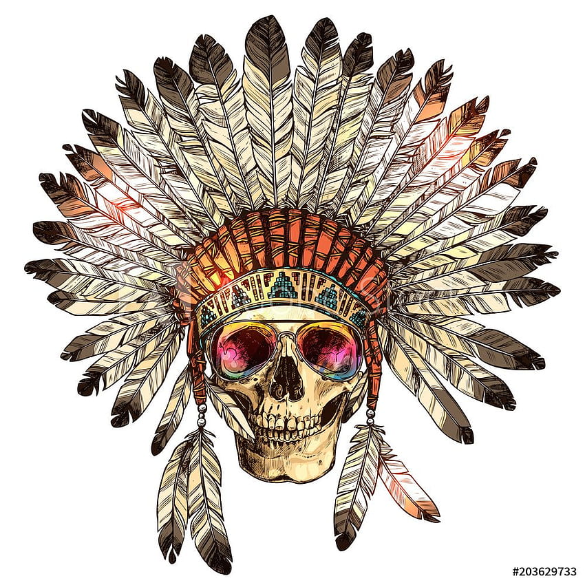 Ръчно нарисувана цветна индианска индианска прическа с човешки череп и модни слънчеви очила Скица на хипстърска бохо илюстрация с шапка с пера, череп, очила на индианския племенен вожд Alexrockheart HD тапет за телефон