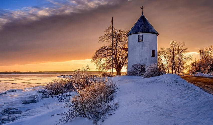 windmill at sunset, winter, sky, canada, snow HD wallpaper