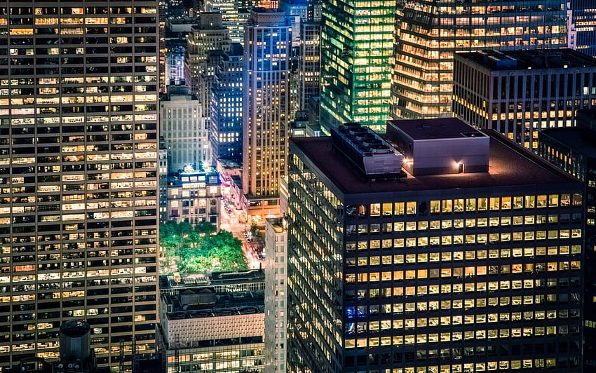 夜のニューヨーク市の高層ビル、夜、高層ビル、都市、窓、ライト、公園 高画質の壁紙