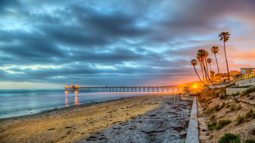 San Diego, California, ocean, sea, palms, pier, trees, sky, usa HD wallpaper