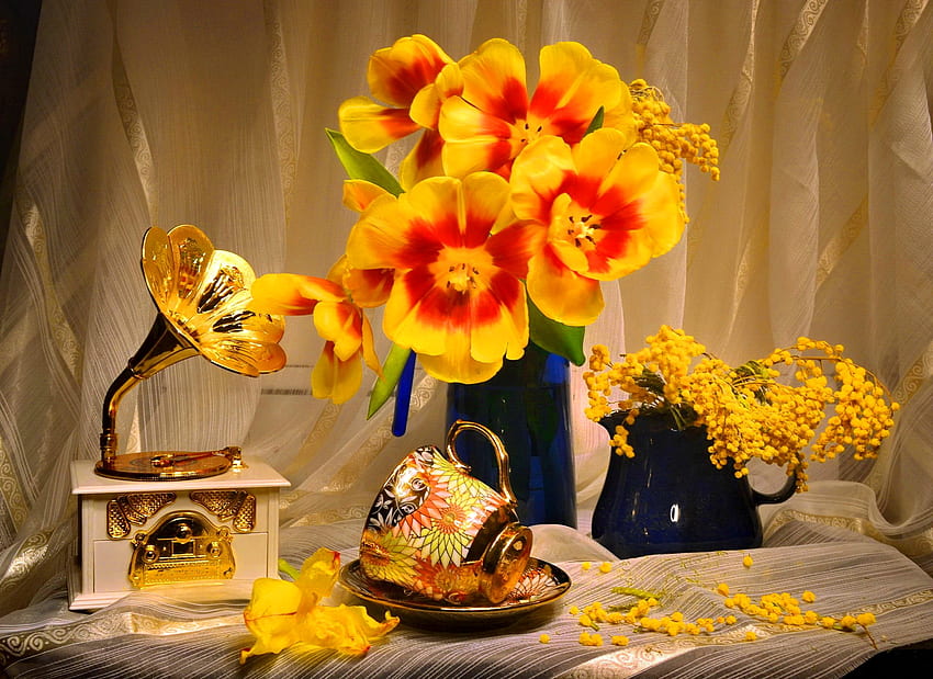Masih hidup, karangan bunga, waktu minum teh, teh, nyaman, vas, Cantik, musim semi, gramofon, retro, musik, cantik, kuning, kopi, bunga, menyenangkan Wallpaper HD