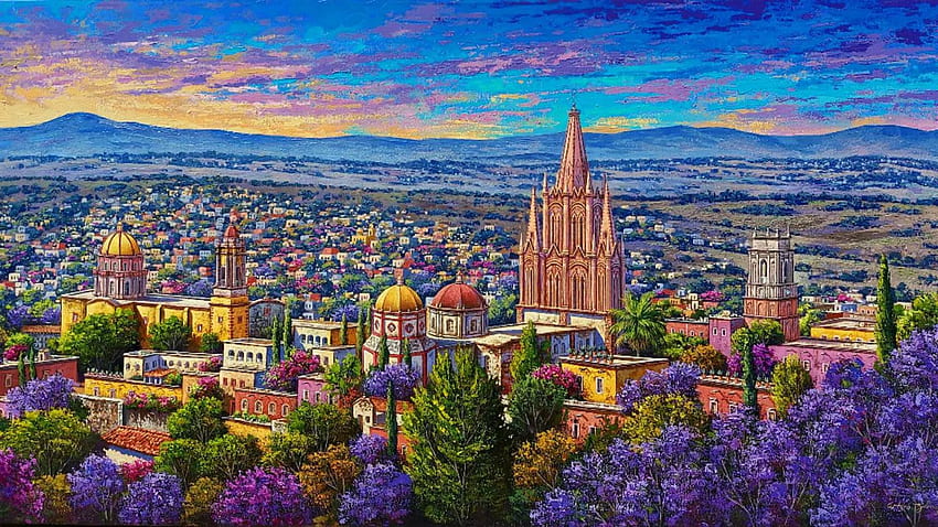 Panorama of San Miguel de Allende, artwork, buildings, painting, city, clouds, sky, houses, mountains, mexico HD wallpaper