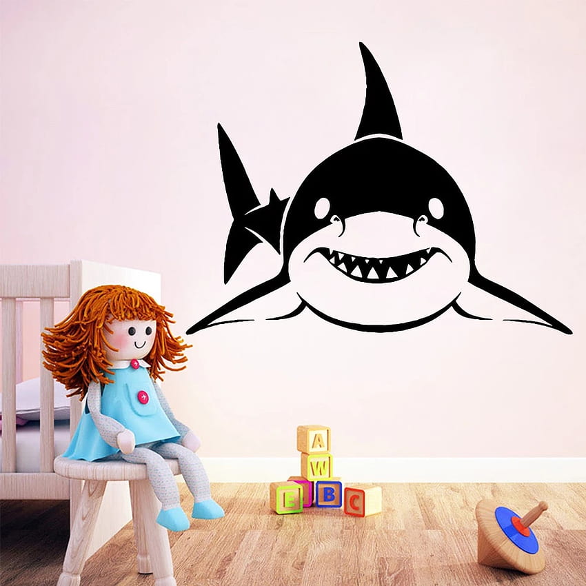 Fai da te carino squalo vinile autoadesivo per la camera dei bambini impermeabile decalcomania di arte della parete. Adesivi Murali, Squalo Simpatico Cartone Animato Sfondo del telefono HD