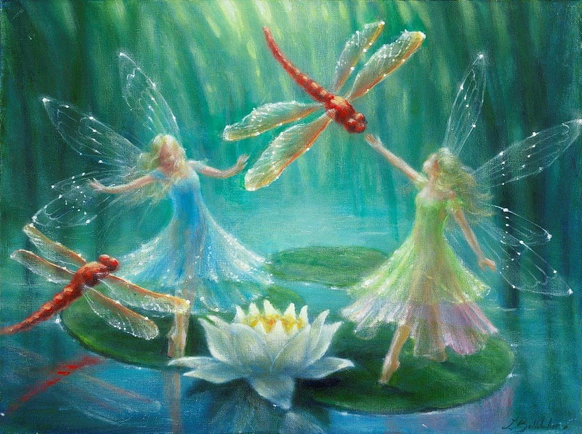 Dragonflies, blue, lynne bellchamber, art, girl, lake, fairy, painting, fantasy, flower, green, red, dragonfly, luminos, water, lotus HD wallpaper