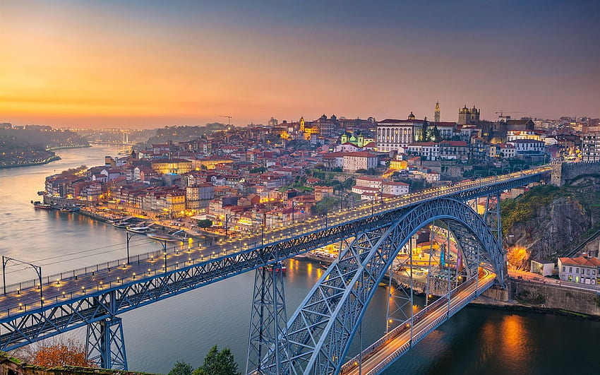 Portugal, Oporto, río, puente, ciudad, mañana fondo de pantalla