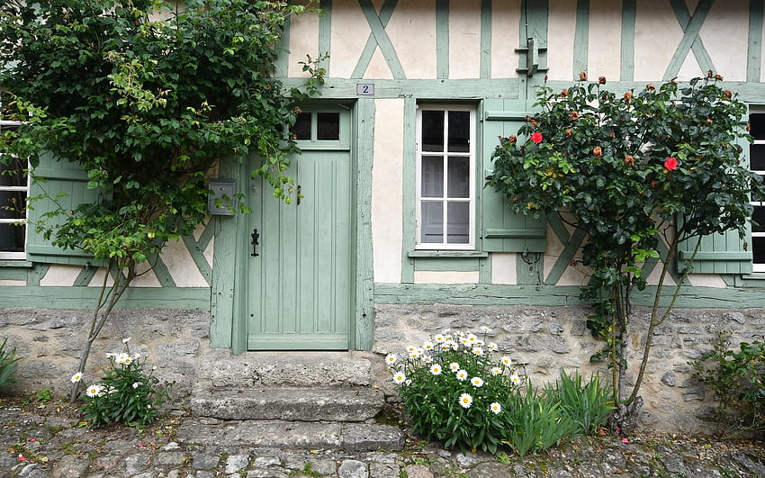 ジェルベロイの家、フランス、古い、ドア、窓、家、木、フランス 高画質の壁紙