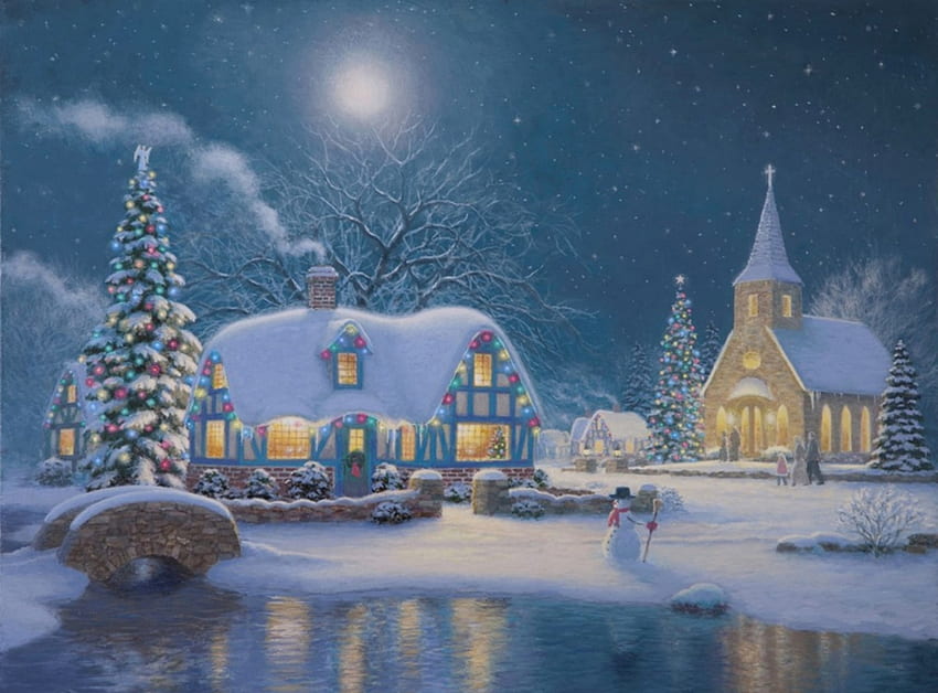 CHRISTMAS COTTAGE, NIGHT, CHRISTMAS, SNOW, REFLECTION, WINTER, CHURCH, MOON, COTTAGE HD wallpaper