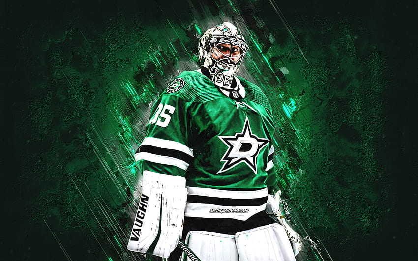 Anton Khudobin, Dallas Stars, NHL, Russian hockey player, goalkeeper, green stone background, hockey, USA HD wallpaper