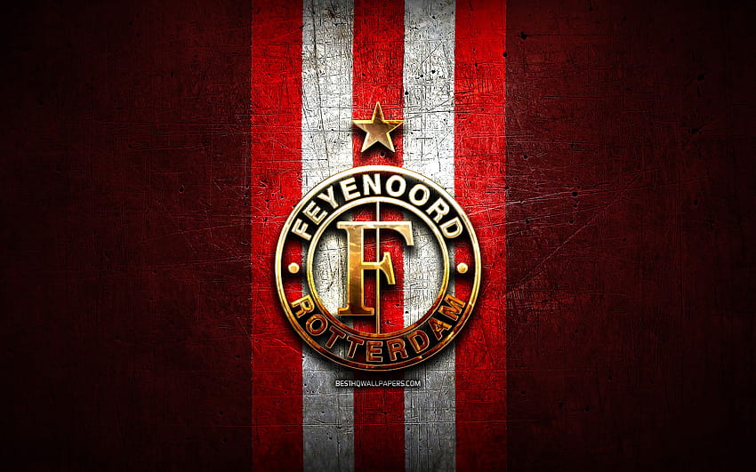 Feyenoord FC, golden logo, Eredivisie, red metal background, football, Feyenoord Rotterdam, Dutch football club, Feyenoord logo, soccer, Netherlands for with resolution . High Quality HD wallpaper