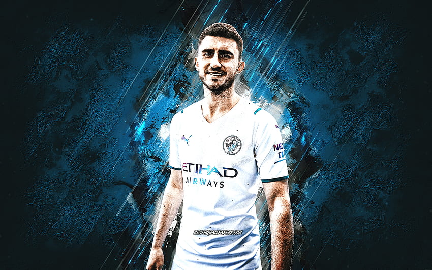 Aymeric Laporte, Manchester City FC, Spanish soccer player, blue stone background, Premier League, England, soccer HD wallpaper