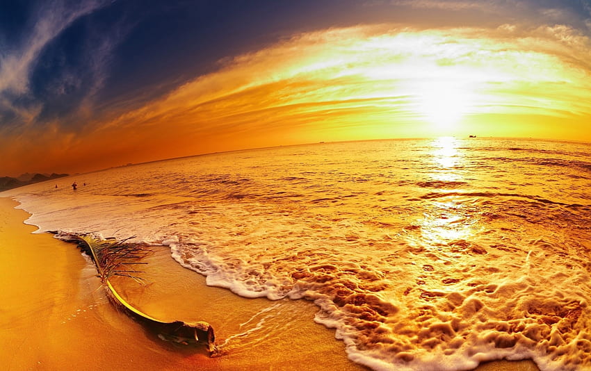 Golden Beach, sea, golden, nature, sunset, beach HD wallpaper