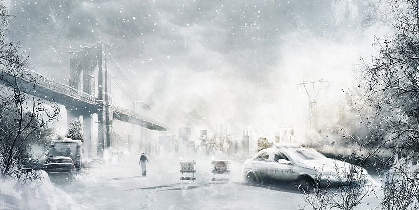 Samochód miasto śnieg człowiek zima sztuka policyjna burza most. . 281587, Zimowa apokalipsa Tapeta HD