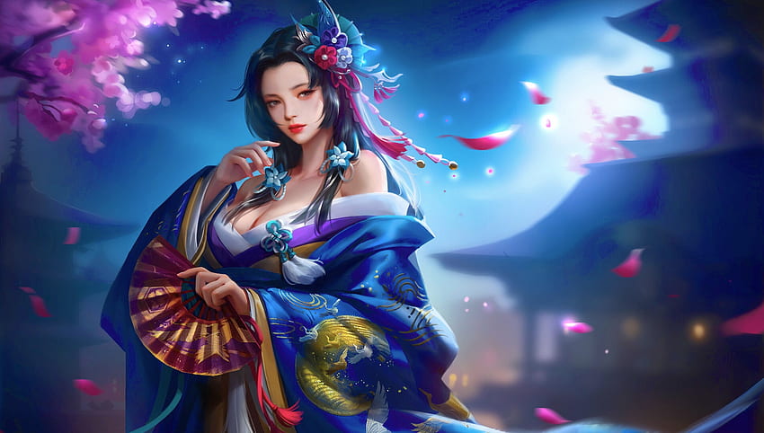 Noche de la Geisha, digital, arte, fantasía, geisha, niña, mujer, azul, noche, hermosa fondo de pantalla