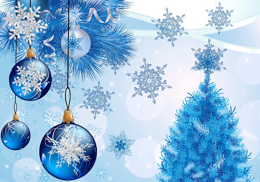 Décorations de Noël, flocons de neige, décoration, joli, Noël, vacances, ornements, Bleu, arbre Fond d'écran HD