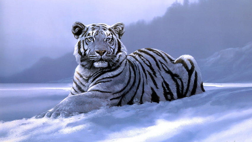sztuka, duży, kaprys, układanie, syberyjski, tygrys, śnieg, biały, tygrysy, dziki, kot, zima, zima / i mobilne tło, artystyczny tygrys Tapeta HD