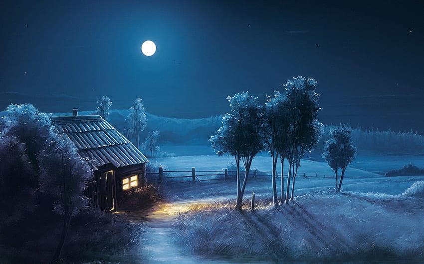 Fantasy nocny dom księżycowy niebieski., Blue House Tapeta HD