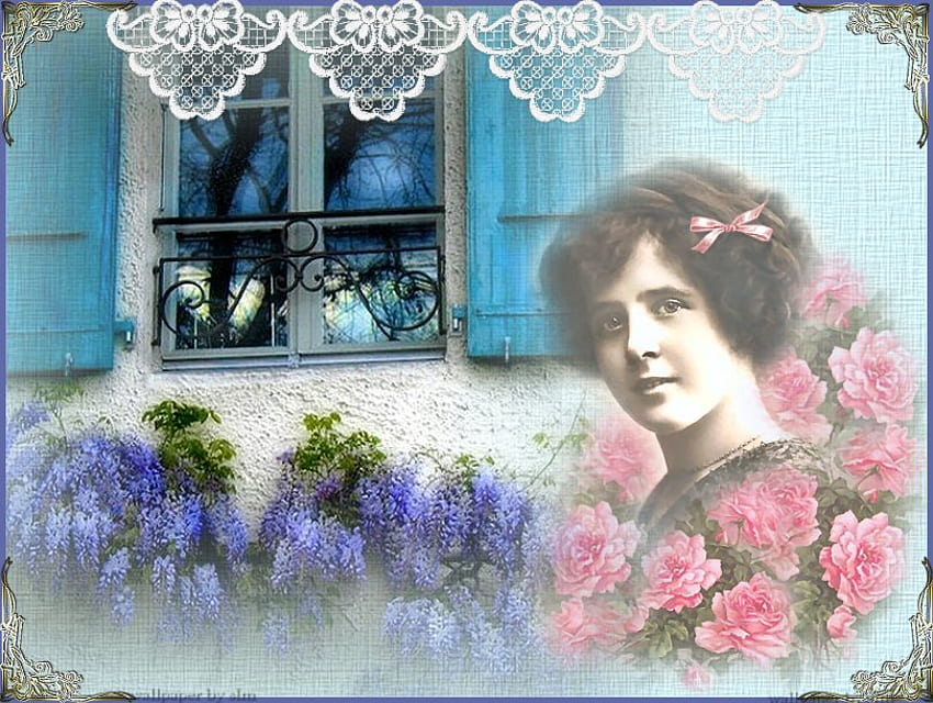 Qui est à ma fenêtre de Pâques?, fenêtre, roses roses, lilas, pâques, belle, dentelle, victorien Fond d'écran HD