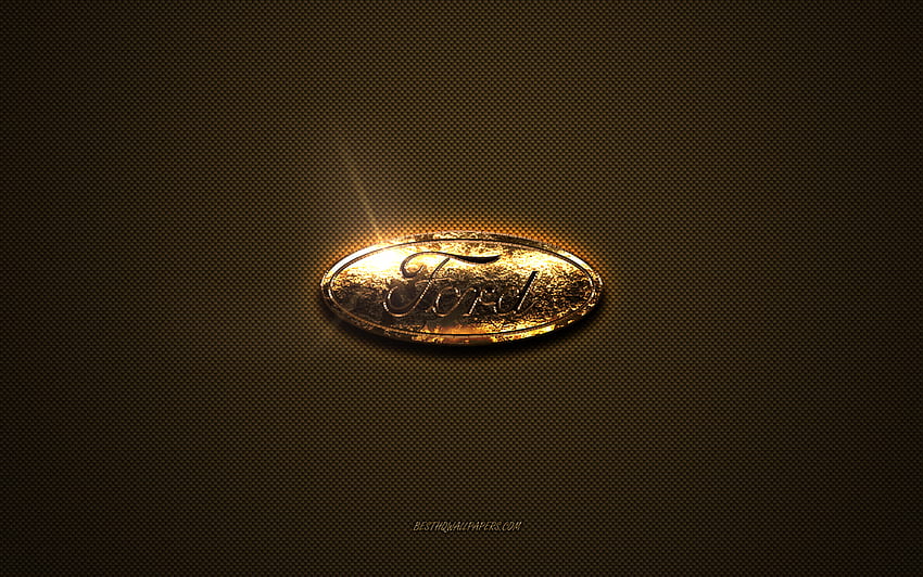 Złote logo Forda, grafika, brązowe metalowe tło, godło Forda, kreatywne, logo Forda, marki, Ford Tapeta HD