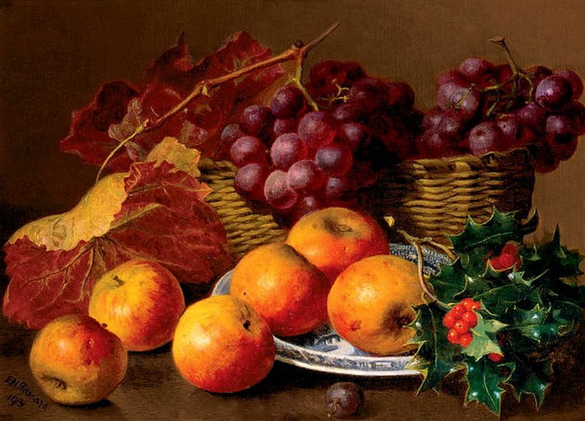 Eloise Harriet Stannard * Elmaların Natürmortu ve Bir Sepet Üzümle Holly,1913, eloise harriet stannard, , sanat, natürmort, üzüm, meyve, elma HD duvar kağıdı