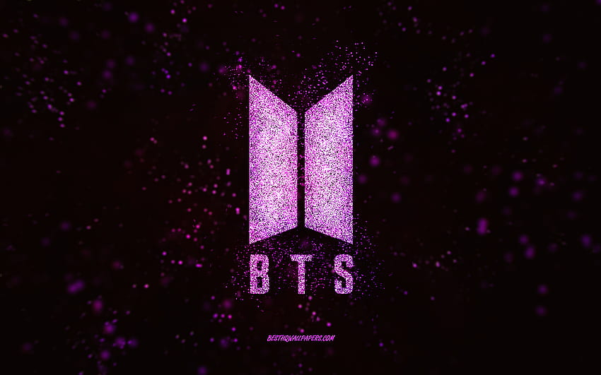 BTS glitter logo, fundo preto, BTS logo, rosa glitter art, BTS, arte criativa, BTS pink glitter logo papel de parede HD