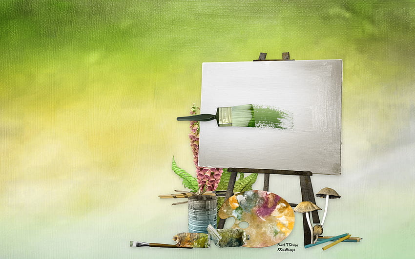 Easel, canvas, painting, yellow, green, floral, paint, flowers HD wallpaper