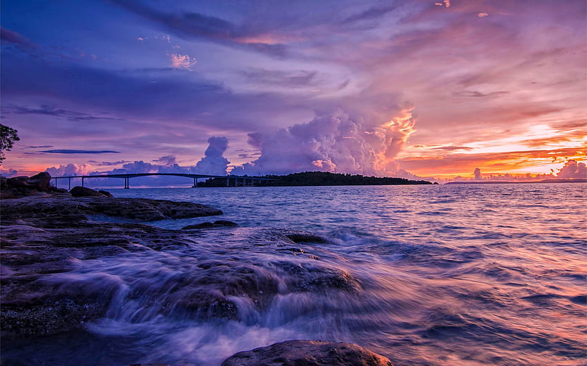 Nature, Sunset, Sea, Waves, Splash, Bridge HD wallpaper