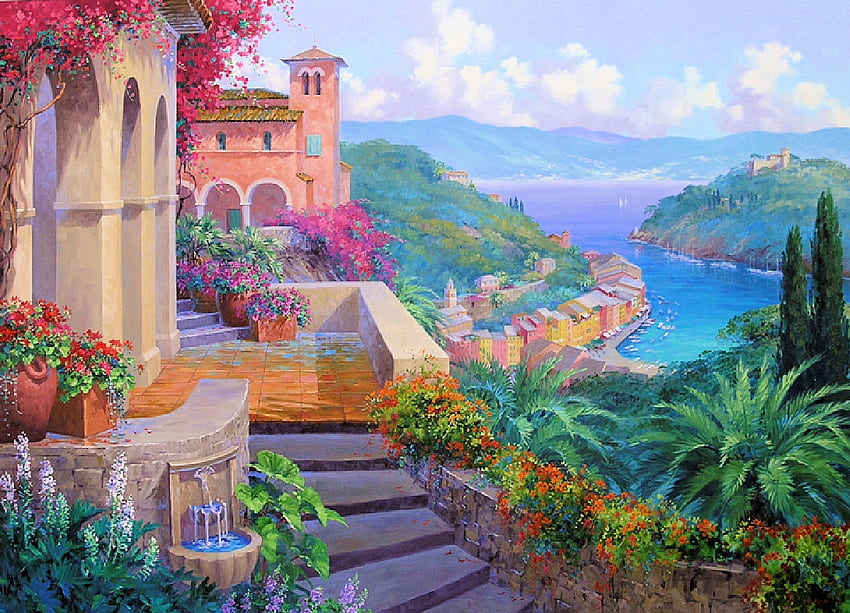 Retiro de tirar o fôlego, plantas, casa, Mediterrâneo, lago, obra de arte, escadas, pintura, nuvens, céu papel de parede HD