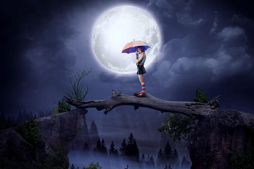 Girl With Umbrella Big Moon Arte digital, Artista, , y fondo de pantalla