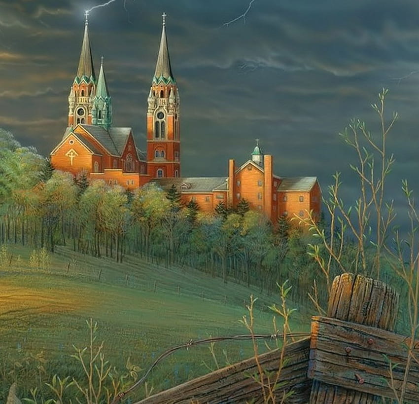 Thunderstorm over the Village, Thunder, Painting, Village, Church HD wallpaper