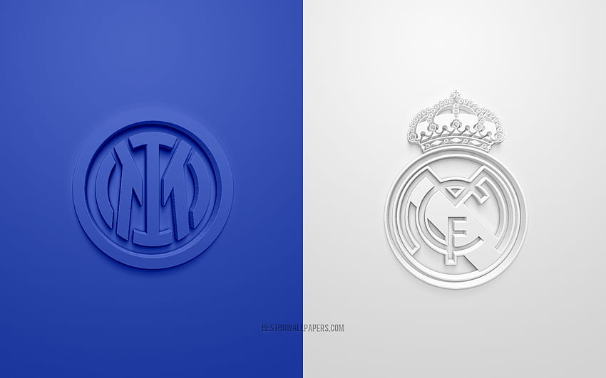 Inter Mediolan vs Real Madryt, 2021, Liga Mistrzów UEFA, Grupa D, logo 3D, niebieskie białe tło, Liga Mistrzów, mecz piłki nożnej, Liga Mistrzów 2021, Inter Mediolan, Real Madryt, Internazionale vs Real Madryt Tapeta HD