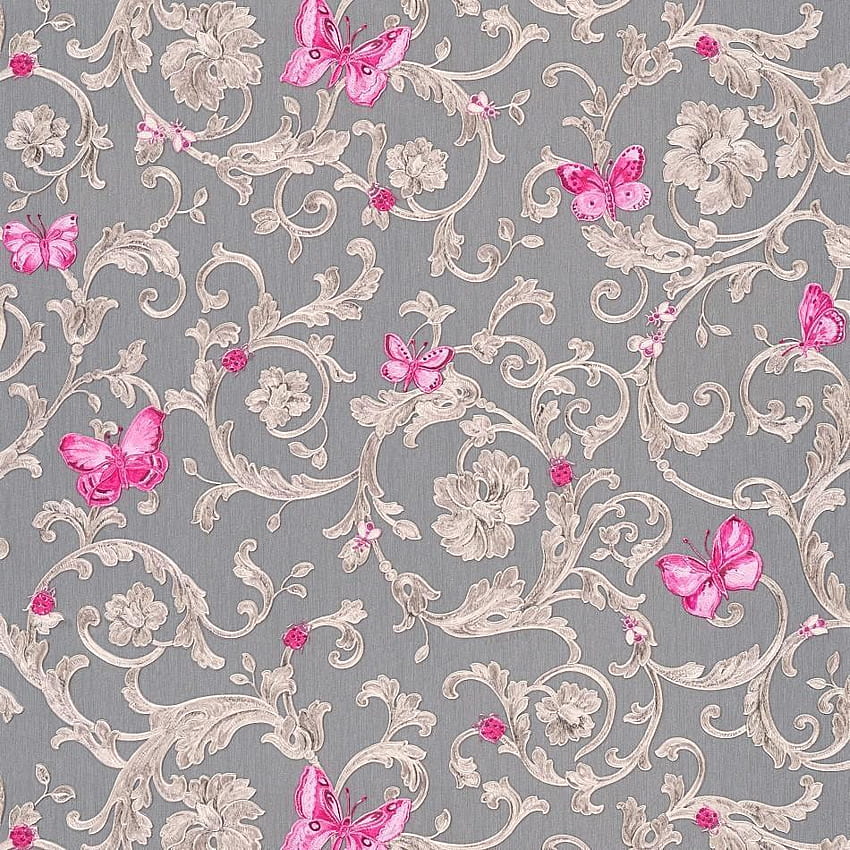 Versace Grey / Pink Baroque Butterflies, Pink Gray HD phone wallpaper