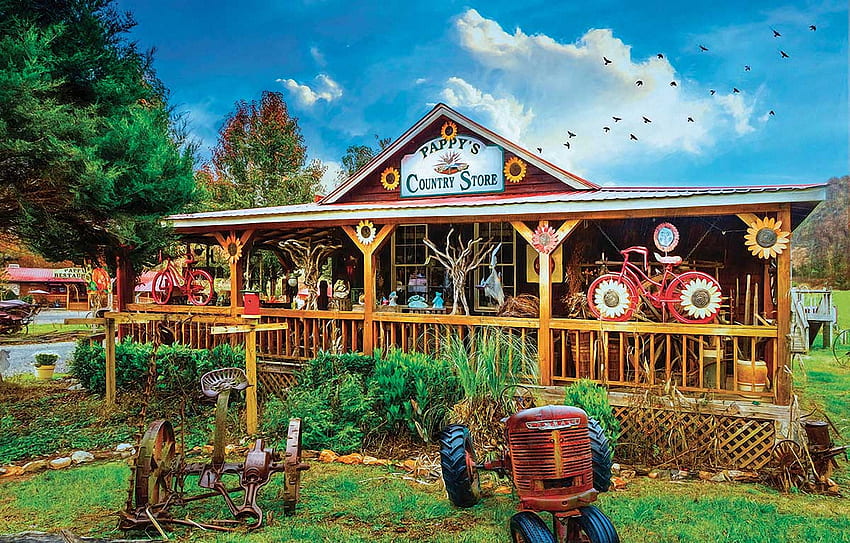 Pappy's Country Mağazası, boyama, ağaçlar, traktör, veranda, kabin HD duvar kağıdı
