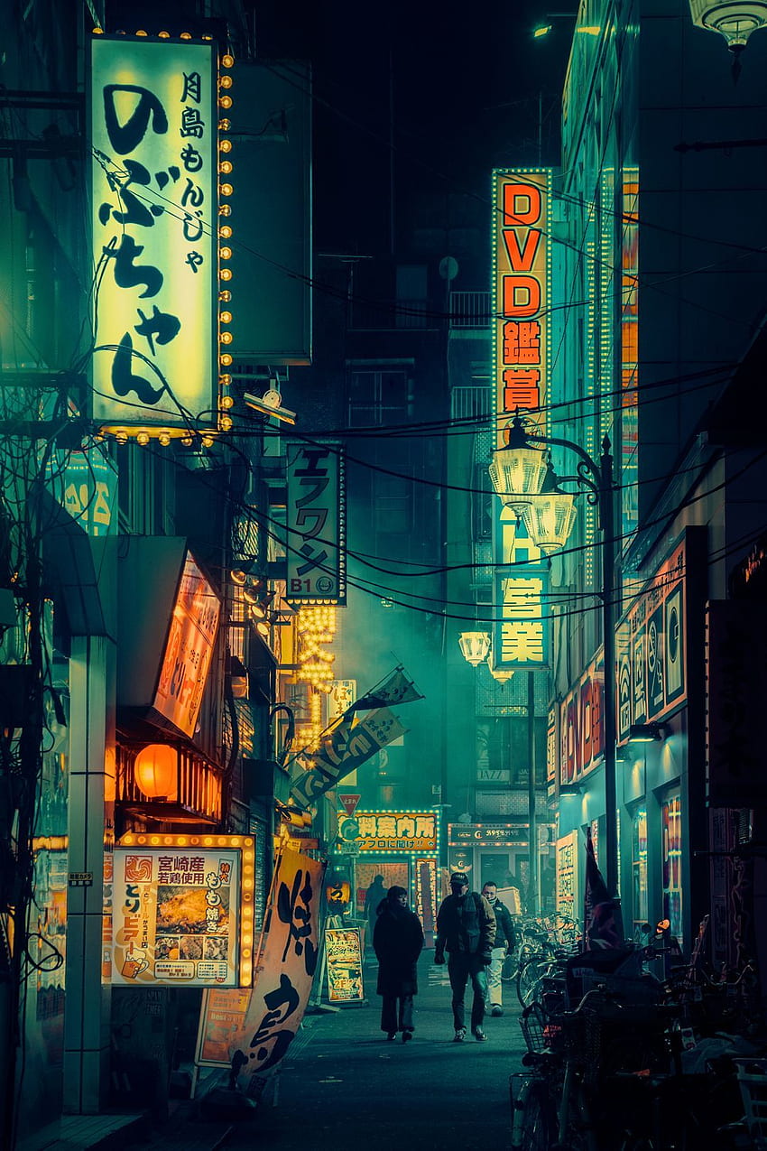 Безсънни градски улици на дъждовни токийски нощи, осветени от електрически неонови реклами. Градска графика, Токио нощ, Нощна графика, Естетичен дъжд в Токио HD тапет за телефон