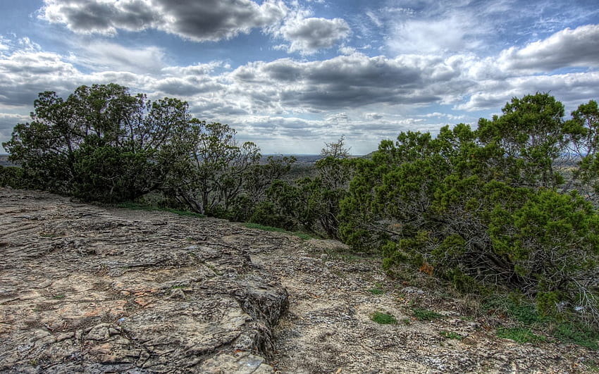 beautiful nature overlook r, hilltop, clouds, trees, view, r, rocks HD wallpaper