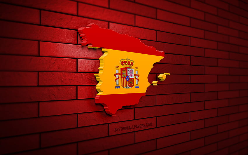 Spain map, , red brickwall, European countries, Spain map silhouette, Spain flag, Europe, Spanish map, Spanish flag, Spain, flag of Spain, Spanish 3D map HD wallpaper