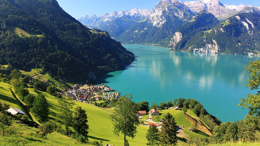スイス、風景、湖、山、村 高画質の壁紙