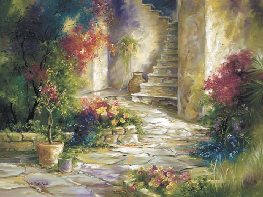 Tangga Backdoor, lukisan, tanaman, tangga, taman, batu, pot bunga Wallpaper HD