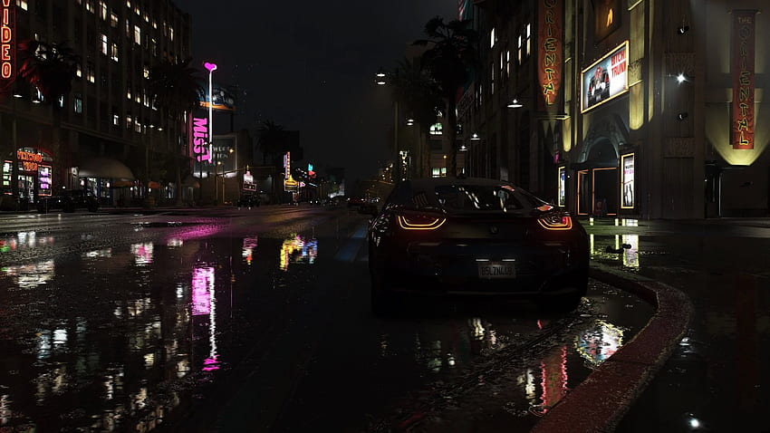 GTA 5 Downtown Hollywood ; car, Hollywood Night HD wallpaper