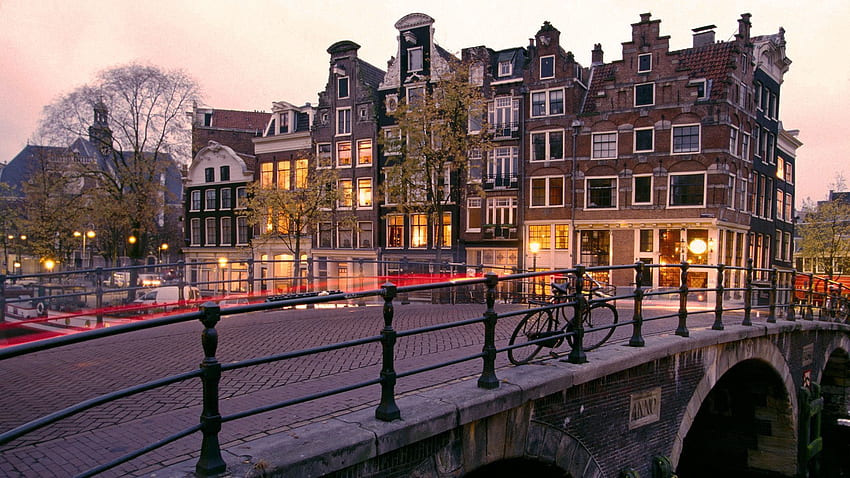Ciudades, Salida del sol, Países Bajos, Canal, Amsterdam fondo de pantalla