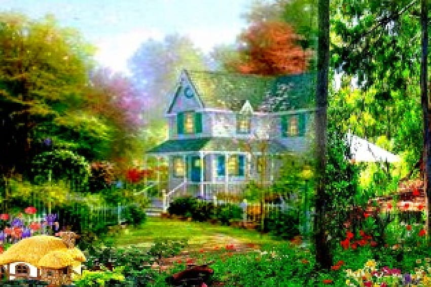 春の庭の家、絵画、家、茂み、木、庭、花、春 高画質の壁紙