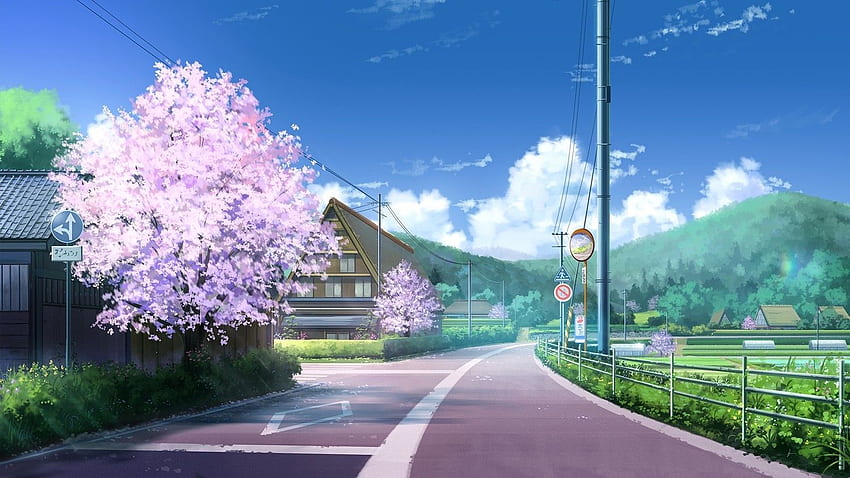 drogowe chmury kwiat wiśni kraj. アニメの風景, 風景の壁紙, Anime Road Tapeta HD