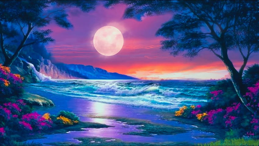 Amazing Night Beach Moon Fantasy Live - Vídeos de loops de fundo animados papel de parede HD