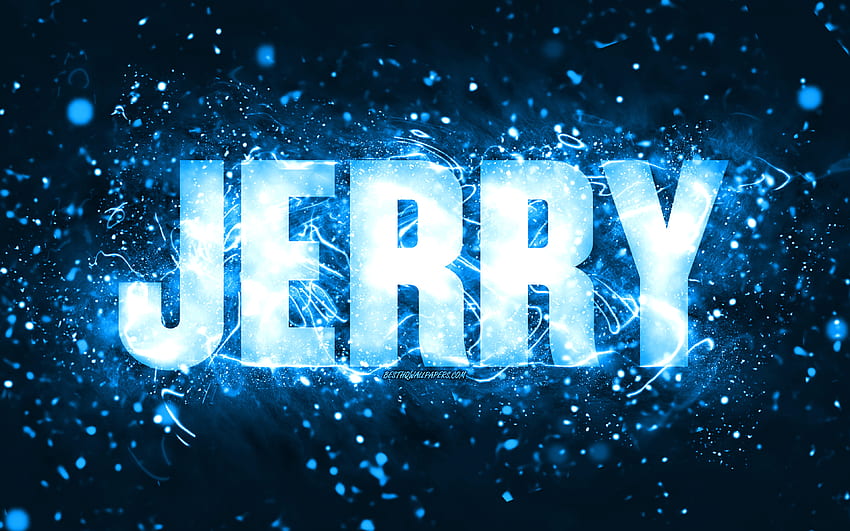 Happy Birtay Jerry,, lampu neon biru, nama Jerry, kreatif, Jerry Happy Birtay, Jerry Birtay, nama pria Amerika populer, dengan nama Jerry, Jerry Wallpaper HD