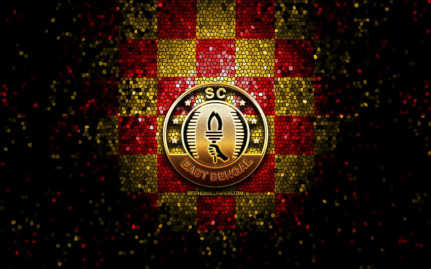 SC East Bengal, glitter logo, ISL, red yellow checkered background, soccer, indian football club, SC East Bengal logo, mosaic art, football, East Bengal FC, India HD wallpaper